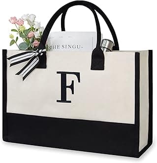 TOPDesign Personalized Initial Canvas Beach Bag, Monogrammed Gift Tote Bag for Women, Black & White, Medium, F