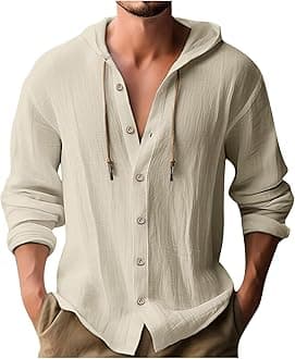Linen Hoodies for Men UK Sale, Casual Drawstring Hoody Sweatshirts Long Sleeve Button Down Shirts Plain Hooded Pullover Athletic Hoodies Cotton Linen Shirt Gym Sports Shirts Comfy Running Tops