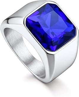 Bandmax Gemstone Signet Rings for Men, Stainless Steel Fancy Cut Cubic Zirconia Rings Blue Topaz/Emerald/Black Onyx/Ruby Ring Statement Ring Wedding Ring Size 7-14