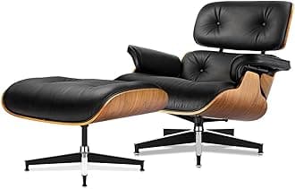 Top Black Grain Leather, Mid Century Chaise Lounge Chair and Ottoman, Modern Chair Classic Design, Heavy Duty Base Support for Living Room Study Lounge Office (Upgraded, Walnut-Black)