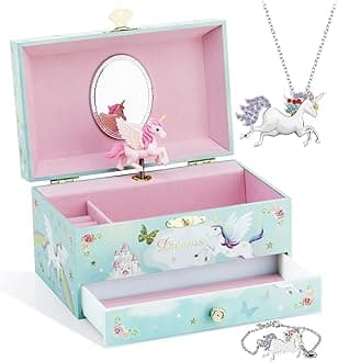 Kids Musical Jewelry Box with Big Drawer and zirconia stones Jewelry Set with Spinning Unicorn and Glitter Rainbow Butterfly Design - Blue Danube Tune