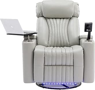 270 Degrees Power Swivel Recliner,Home Theater Seating With Hidden Arm Storage and LED Light Strip,Cup Holder,360 Degrees Swivel Tray Table,and Cell Phone Holder,Soft Living Room Chair,Blue (Grey5)