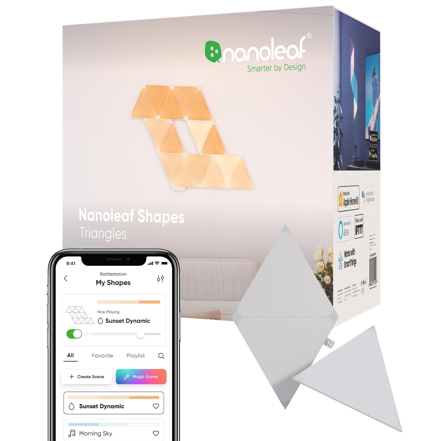 Shapes Smart Light Panel, Nano Leaf Triangle, Expansion Pack, Set of 3, Additional Panels, Music Linkage, Built-in Rhythm Module, Direct Connection, 16.8 Million Colors, RGBCW, Alexa, Google Home, Games, Glowing Wall Decor, Interior Lighting, Ambiance Lights