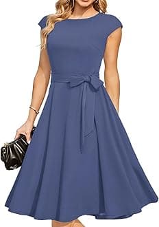 Women Casual Tea Dress Swing Cocktail Dresses Vintage A-Line Midi Party Dress Modest Prom/Bridemaid/Church Dress Greyblue S
