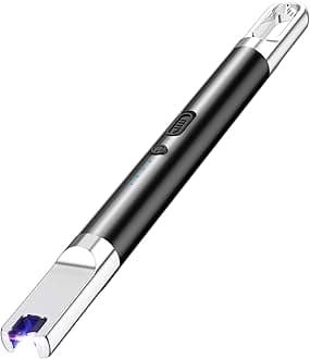 Electric Lighter with Battery Display and Safety Switch - USB Rechargeable for Candle, Cooking, BBQ & Fireworks - Aluminum Case with Hanging Hook - Plasma Arc Lighter (Black)