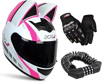 Personality Cat Ear Full Face Motorcycle Street Helmets Men Women Cat Helmet with Ears, with Gloves & Password Lock,Pink White,L
