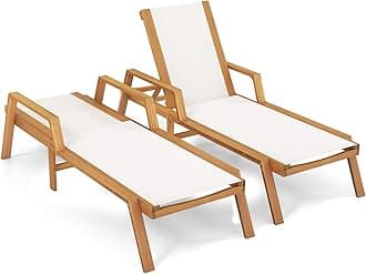 Tangkula Outdoor Wood Chaise Lounge Chair, Patio Sun Lounger with Adjustable Back, Eucalyptus Wood Lounge Chair with Breathable Fabric for Poolside Lawn Backyard (2, 75.5 inches)