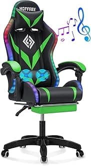 HOFFREE Gaming Chair with Bluetooth Speakers and Led Lights Massage Computer Gamer Chair with Footrest Ergonomic Video Game Chair for Adults Green and Black