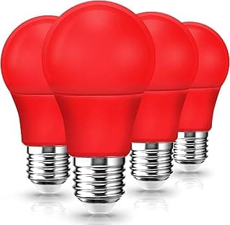LED Red Light Bulb, A19 9W (60W Equivalent) Red Colored Christmas Light Bulbs Outdoor Indoor, E26 Base for Christmas Party Decor, New Year, Porch Lights, Home Lighting, Wedding, Bar, Not-dimm, 4 Pack