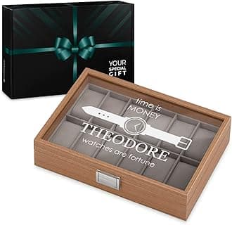Maverton Personalised Watch Box for Men - Wooden Watch Case with Engraved Personal Glass Lid - Stylish Elegant Watch Holder for 12 Watches - A Gift for Men on Birthday - Time is Money