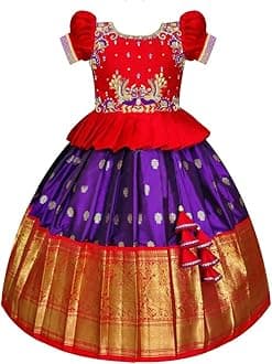 White Button New south Indian traditional pattu pavadai Jecquard Lehenga choli for girls dress
