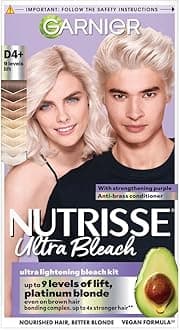Garnier Nutrisse Ultra Bleach D4+ Intense Platinum Blonde Hair Dye, Permanent Hair Bleach for 9 Levels of Lift, 4X Stronger Hair & Intense Luminous Results, Vegan Formula with Nourishing Conditioner