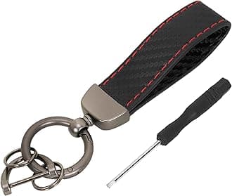 JVCV® Microfiber Leather Car Keychain, Universal Key Fob Keychain Carbon Fiber Pattern Leather Key Chain Holder for Men and Women (Black Buckle-Red Stiches).