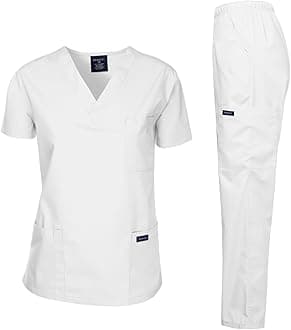 Dagacci Scrubs Medical Uniform Women and Man Scrubs Set Medical Scrubs Top and Pants, White, XXL