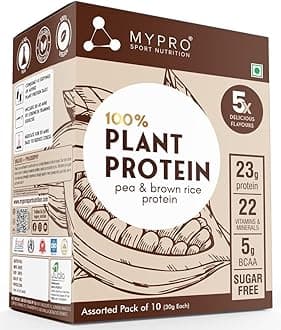 Mypro Sport Nutrition Plant Protein Powder Pea Protein Isolate&Brown Rice|5 * 2 Assorted Sachet |Chocolate,Alphonso Mango,Vanilla Coconut Ice-Cream,Strawberry,Coffee Caramel|Total 10 Sachets/Servings