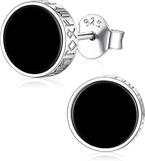 - 925 Sterling Silver Viking Rune Natural Black Onyx Stud Earrings For Women Men