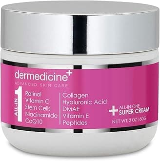 All In One Super Anti-Aging Cream for Face with Retinol, Vitamin C, Stem Cells, Vitamin E, CoQ10, Collagen, Hyaluronic Acid, DMAE, Peptides, Niacinamide for More Youthful Looking Skin 2oz