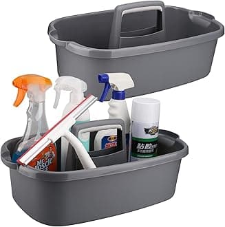 Cleaning Caddy Organizer with Handle, Gray Plastic Bucket for Cleaning Supplies Products, Cleaning Tool Storage Tote, 2 Pack