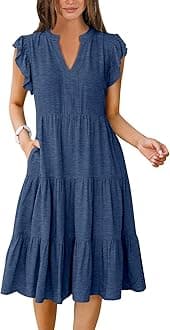 Womens Summer Dress Ruffle Sleeve V Neck Midi Dresses Fashion Casual Fit Flowy Tiered Boho Beach Vacation Sundress