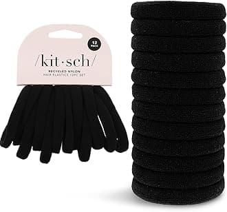 Kitsch Recycled Nylon Medium Hair Elastics, Hair Ties, Accessories, Ponytail, 12pc Set (Black)