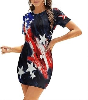 Fattyeery Womens Summer Casual Loose Dress American Flag Long Dress Short Sleeve for Girls Fashion Skirts 2XL
