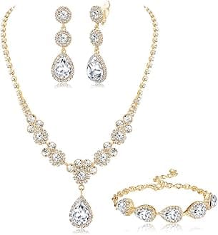 Rhinestone Bridal Jewelry Set Necklace Bracelet Clip On Earrings for Brides Bridesmaid Cluster Crystal Teardrop Pendants Jewelry Set for Wedding Prom