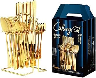 Arabest 24 Piece Silverware Flatware Set With Stand,Stainless Steel Utensils Service set for 6,Mirror Polished Cutlery Set,Dishwasher Safe Knife Fork Spoon Tableware set (Golden, Set B)