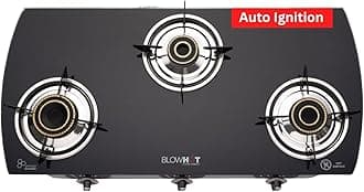 BLOWHOT Auto Ignition Heavy Brass Burner 3 Burner Gas Stove - Toughened Glass Cook Top-ISI certified - Stainless Steel Frame - 2 Year Warranty By Blowhot on Burner, Gas stove Valve and Glass