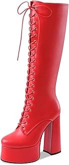 Women's High Chunky Heel Platform Knee High Boots Fashion Leather Lace Up Heeled Long Boots Wide Calf