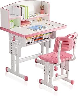 Kids' Study Desk Chair Sets, Pink, Adjustable Height, Ergonomic Design, Large Storage Drawer, Built-in Bookshelf, Bedroom Furniture