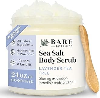 Lavender Tea Tree Body Scrub 24oz | Made in Madison, WI | All Natural Sea Salt Exfoliator w/ Skin Loving Moisturizers | Vegan & Cruelty Free | Gift Ready Packaging w/ a Cute Wooden Spoon