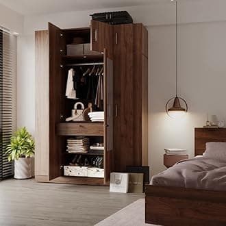 Wardrobe | 1 Year Warranty | Engineered Wood Almirah, Cupboard for Clothes Storage | 4 Door, Mirror, 1 Drawer, Loft, 1 Hanging Space | Gingham - Columbian Walnut