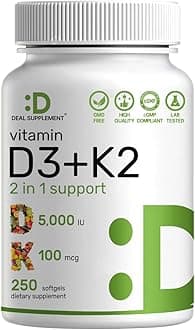 DEAL SUPPLEMENTVitamin D3 5,000 IU + K2 MK7 Softgels, 250 Count | 2-in-1 Complex | Supports Heart, Bone, Teeth & Immune Health | Easy to Swallow
