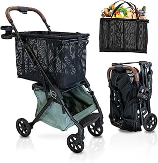Strolee Personal Luxury Folding Shopping Cart On Premium Wheels – Ultra Lightweight Aluminum Frame – Removable Shopping Bag with Carry Strap & Lower Grocery Storage 75Lbs Capacity (Sage v2)