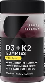 Vegan Vitamin D3 + K2 Sugar Free Gummies - 125mcg (5000iu) Vitamin D w/ 100mcg Mk7 Vitamin K - Supports Bone & Immune Health* - Vegan Certified · Non-GMO · Soy Free - 60 Count