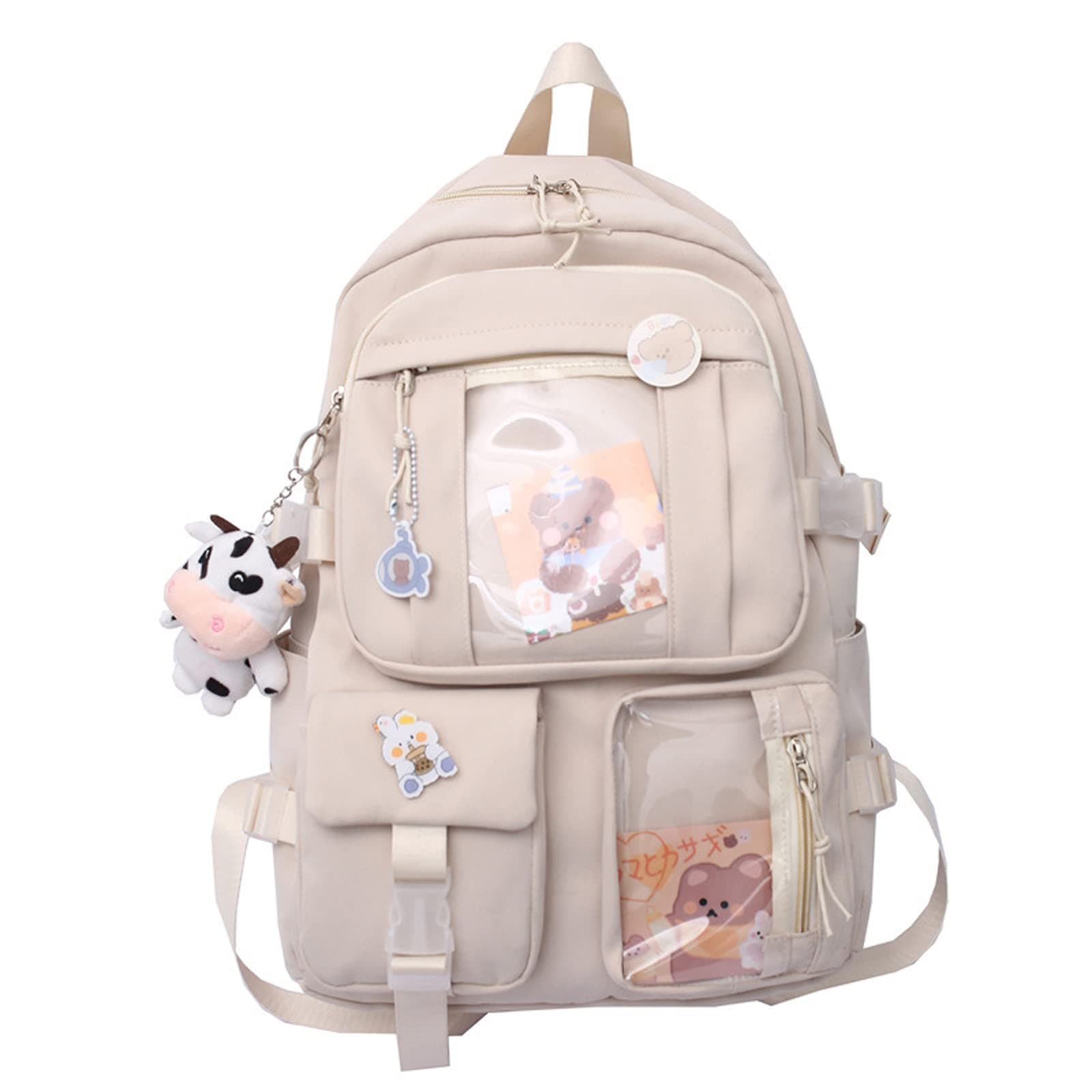 Cute Backpack with Cute Pin Accessories Plush Pendant for School Bag Student Girl Backpack Super-Capacity Waterproof Travel Backpack(Beige)