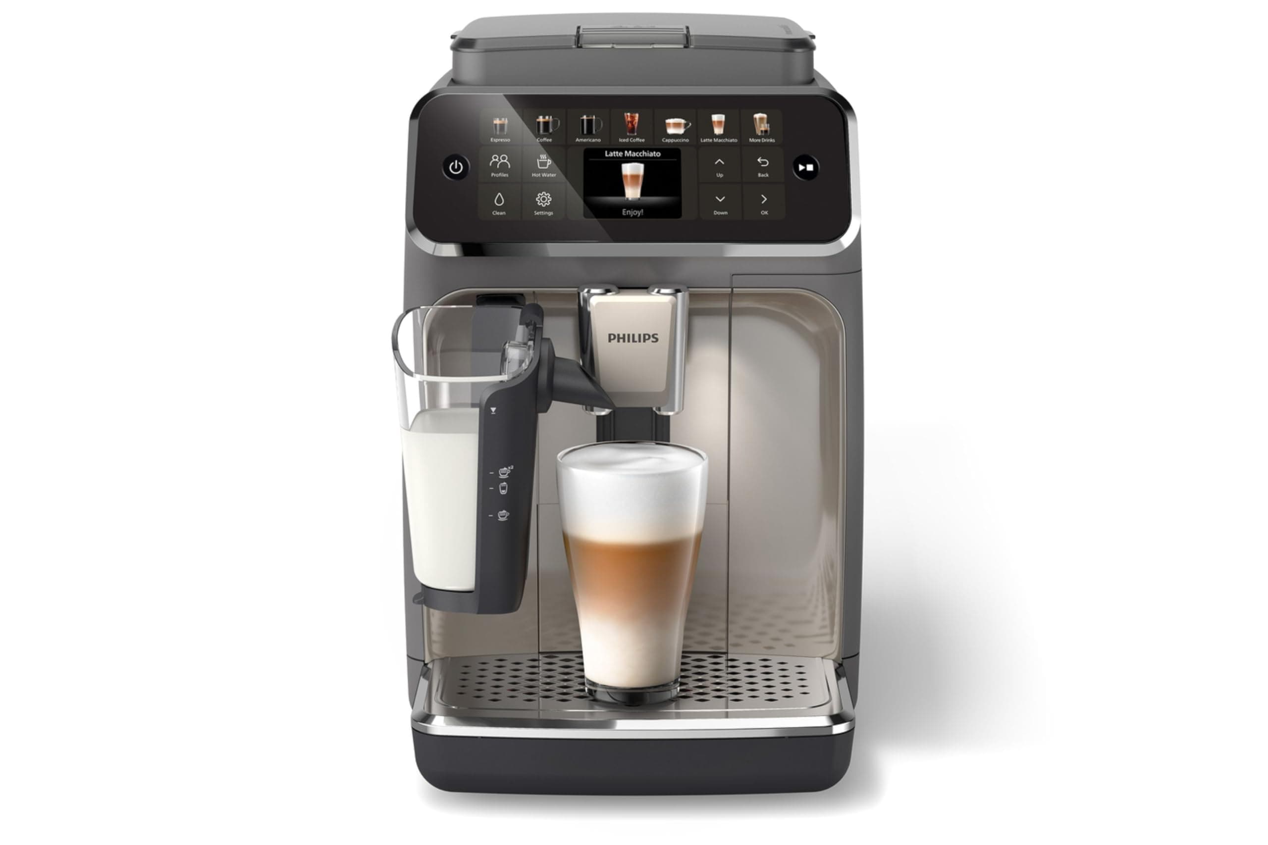 Philips 4400 Series Fully Automatic Espresso Machine, LatteGo Milk System, Integrated Grinder, 12 Hot & Iced Coffee Pre-Sets, Quick Start, SilentBrew, 15-Bar Pressure, Black Chrome (EP4444/90)