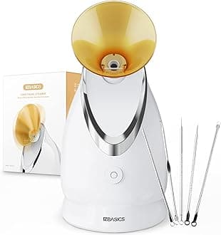 EZBASICS Facial Steamer Ionic Face Steamer for Home Facial, Warm Mist Humidifier Atomizer for Face Sauna Spa Sinuses Moisturizing, Unclogs Pores, 1 Pack + 5 Stainless Steel Skin Kit Golden Yellow