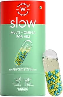 Slow Multivitamin for Him | Plant Based 100% RDA of 22 essential Vitamins & Minerals |Caffeine & Ginseng in MCT Oil| Energy, Stamina, Bone & Joint, Immunity & Vitality(60 Capsules)