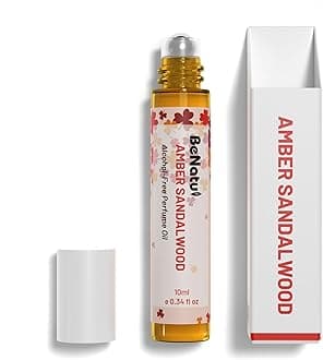 Amber Sandalwood Perfume Oil Roll On for Women and Men, Alcohol Free Eau de Parfum, Travel Size Essential Oil Body Fragrance, Concentrated Long Lasting Spicy Woody Scent, 10 ml