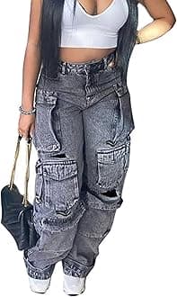 Baczoe Women's Baggy Cargo Jean High Waisted Y2K Distressed Wide Leg Denim Pants with Multi Pockets Streetwear