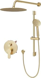 Shower System, High Pressure 12" Rain Shower Head with Handheld Shower, Wall Mounted Slide Bar Shower Faucet Set Complete, Shower Combo Set with Shower Valve,Brushed Gold