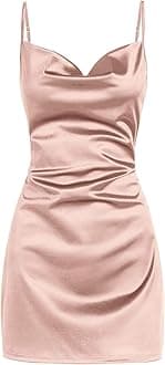 ZAFULWomen's Satin Sleeveless Spaghetti Strap Mini Dress Side Slit Cowl Neck Cocktail Party Dresses