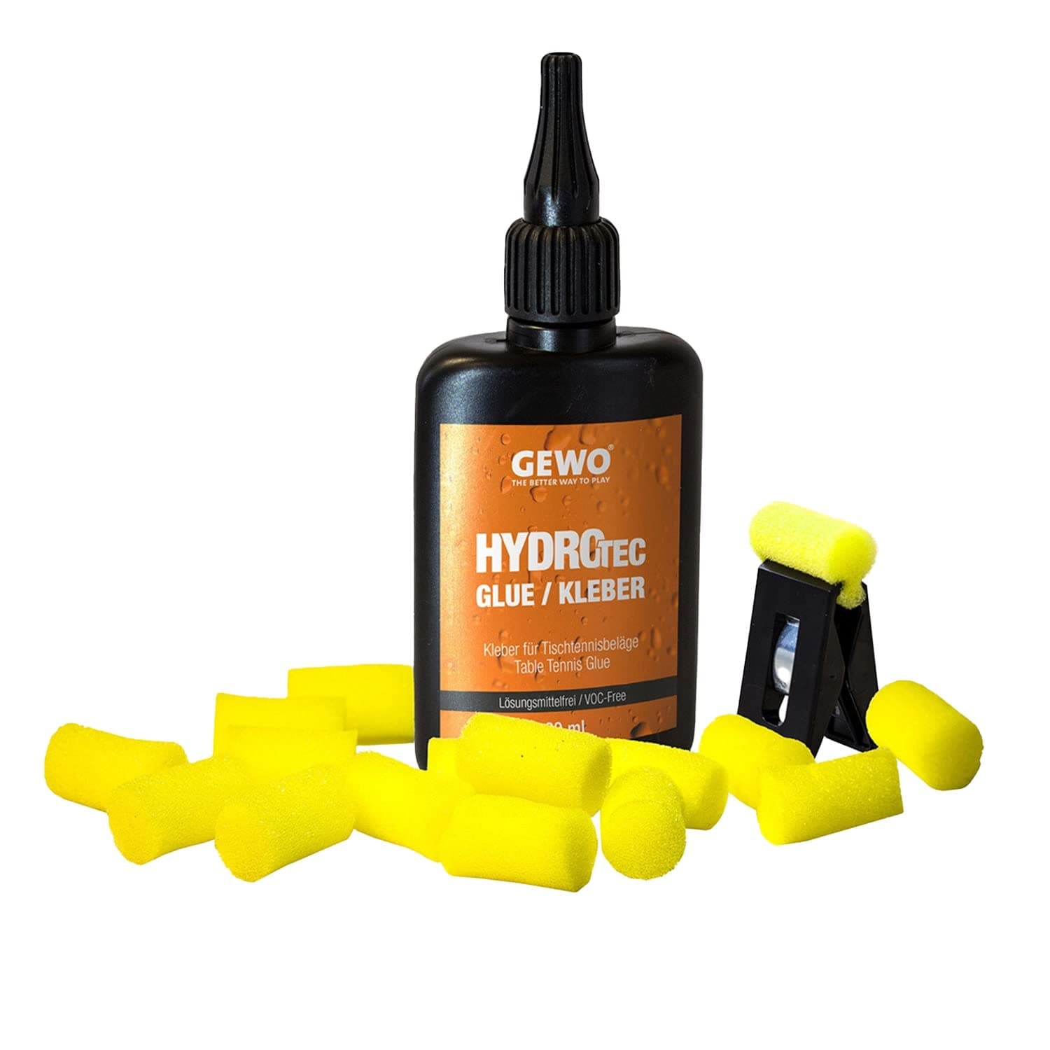 GEWO HydroTec Water Based Table Tennis Glue - ITTF Approved Pad Adhesive for Table Tennis Bats, Solvent-free Adhesive for All TT Surfaces, with Clamp and Applicator Sponges, 90 ml