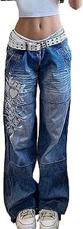 Xineicy Women's Low Rise Heart Pattern Baggy Jeans Washed Wide Leg Denim Cargo Pants