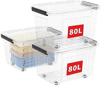 Cetomo 80L*3 Storage Box Storage Bin With Wheels Storage Container with Click Closure and Lid Stackable Transparent Organizer
