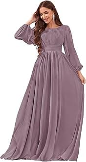 Long Sleeve Chiffon Bridesmaid Dresses for Women Wedding A-line Ruched Formal Evening Gown