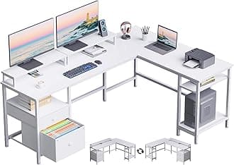 Furologee White 66" L Shaped Desk with Shelves, Reversible Corner Computer Desk with File Drawer & Dual Monitor Stand, Large Home Office Table Writing Study Gaming Workstation