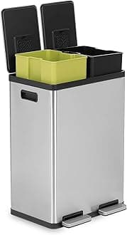 60 Liter / 16 Gallon Rectangular Hands-Free Dual Compartment Recycling Kitchen Step Trash Can with Soft-Close Lid, Brushed Stainless Steel