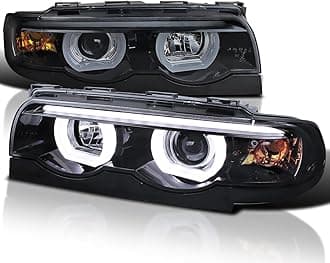 SPEC-D TUNING Glossy Black Smoke Dual Halo LED Projector Headlights Compatible with 1995-2001 BMW E38 7-Series, Left + Right Pair Headlamps Assembly